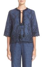 Women's Yigal Azrouel Lace Trim Eyelet Embroidered Denim Top