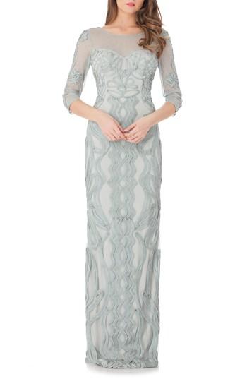 Women's Js Collections Illusion Yoke Soutache Column Gown - Blue/green