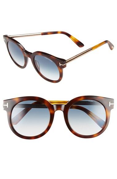 Women's Tom Ford 'janina' 51mm Round Sunglasses - Dark Havana/ Gradient Green