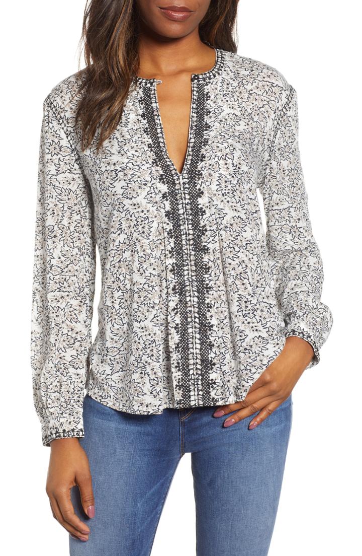 Women's Lucky Brand Printed Peasant Top - Black