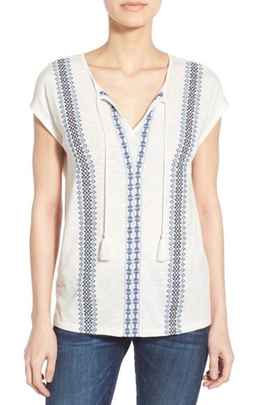 Petite Women's Caslon Embroidered Split Neck Tee P - Ivory