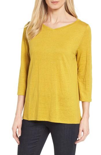 Women's Eileen Fisher V-neck Organic Linen Tee, Size - Yellow