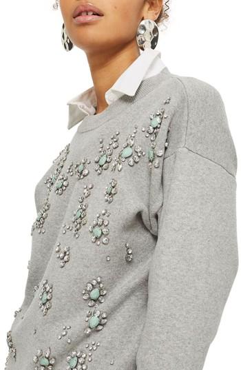 Women's Topshop Scattered Crystal Sweater Us (fits Like 6-8) - Grey