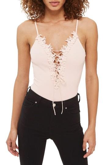 Women's Topshop Applique Lace-up Bodysuit Us (fits Like 6-8) - Pink