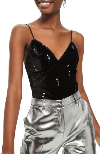 Women's Topshop Ditsy Embroidered Velvet Bodysuit Us (fits Like 0) - Black