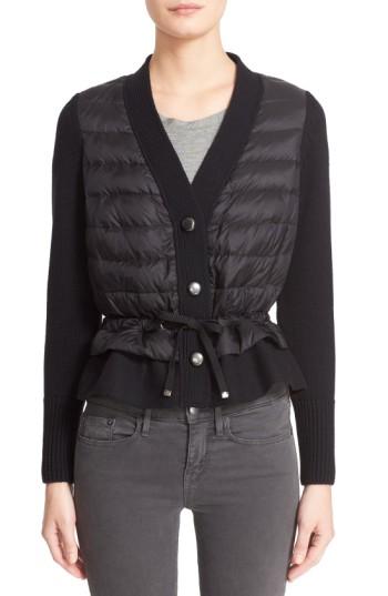 Women's Moncler Quilted Down Front Wool Cardigan - Black