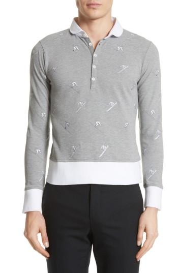 Men's Thom Browne Allover Embroidery Pique Polo - Grey