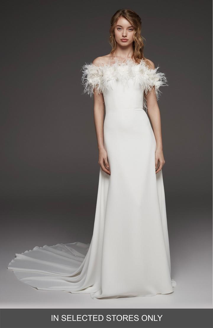 Women's Atelier Pronovias Halda Feather Off The Shoulder Crepe Gown, Size - Ivory