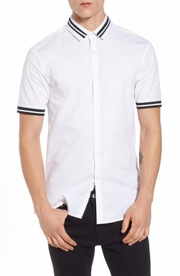 Men's Topman Muscle Fit Stripe Tipped Shirt, Size - White