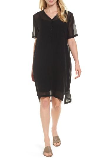 Women's Eileen Fisher Silk V-neck Shift Dress, Size - Black