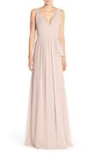 Women's Ceremony By Joanna August 'newbury' Gathered Sleeve Chiffon Wrap Gown, Size - Beige