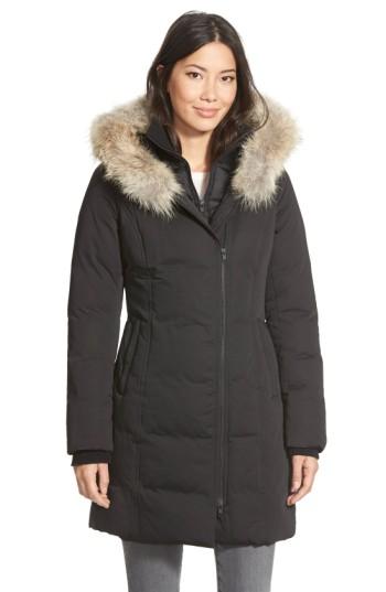 Women's Soia & Kyo 'salma' Genuine Coyote Fur Trim Down Parka With Inset Bib - Black