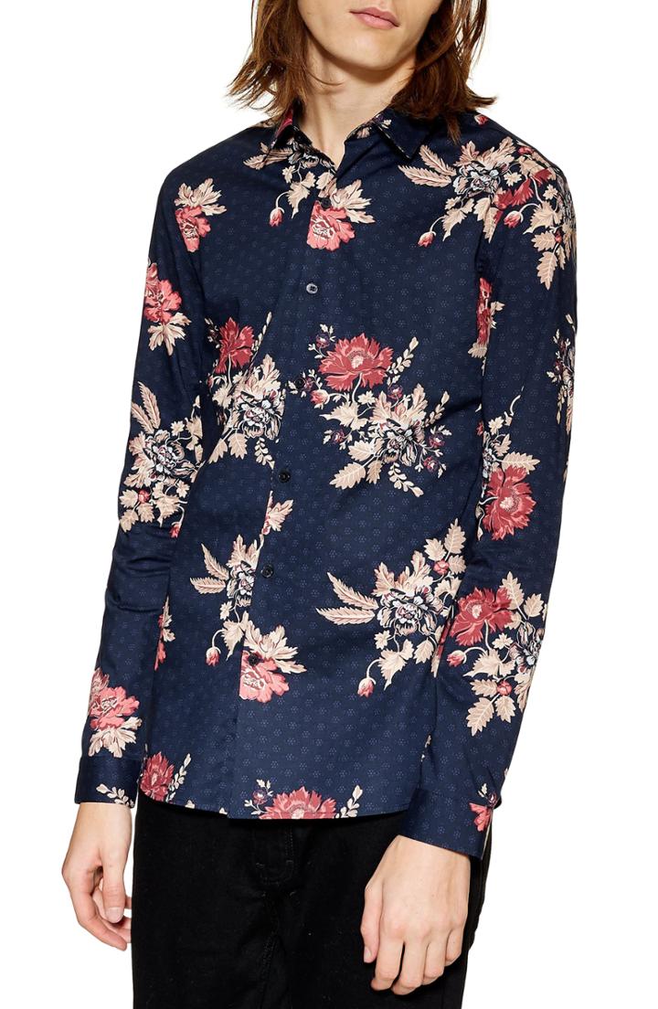 Men's Topman Stretch Skinny Fit Floral Print Shirt - Blue