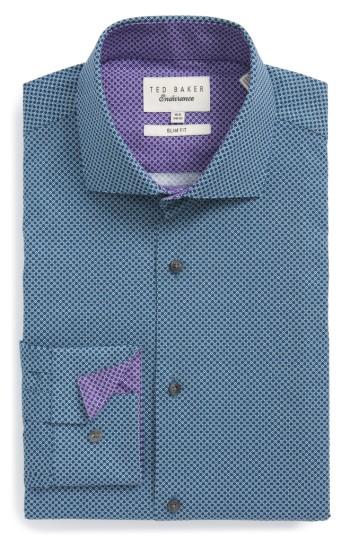 Men's Ted Baker London Locket Slim Fit Geometric Dress Shirt - 34/35 - Blue