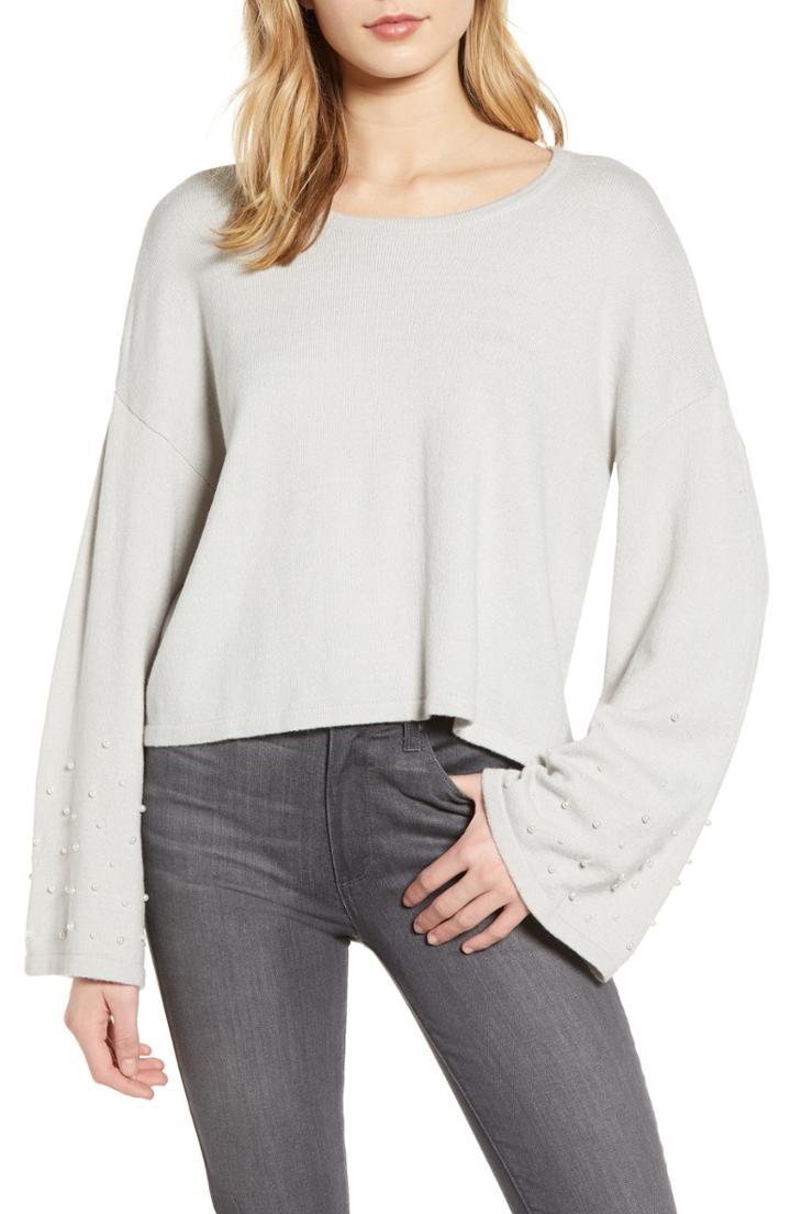 Women's Cupcakes And Cashmere Imitation Pearl Embellished Bell Sleeve Crop Sweater - Ivory