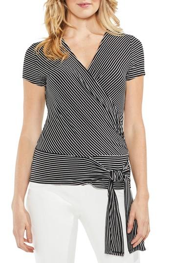 Women's Vince Camuto Faux Wrap Tie Waist Stripe Top, Size - Black