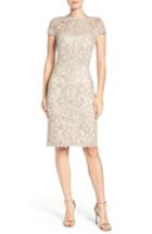 Petite Women's Tadashi Shoji Illusion Yoke Lace Sheath Dress P - Beige