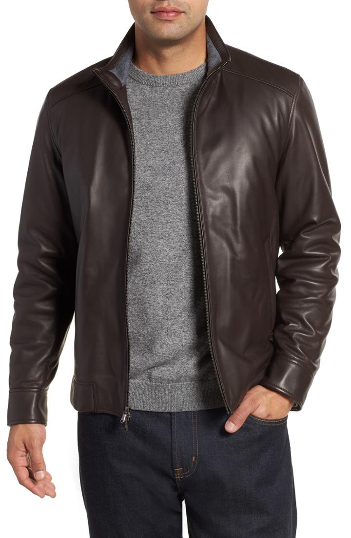 Men's Peter Millar Leather Bomber Jacket - Brown