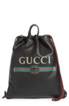 Gucci Logo Leather Drawstring Backpack - Black