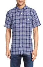 Men's Nordstrom Men's Shop Trim Fit Linen Plaid Sport Shirt - Blue