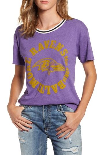 Women's Junk Food Ravens Kick Off Double Ringer Crewneck Tee - Purple