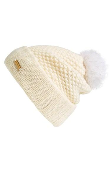 Women's Burberry Genuine Blue Fox Fur Pompom Beanie - Ivory