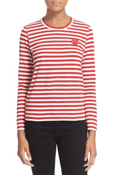 Women's Comme Des Garcons Play Stripe Cotton Tee - Red
