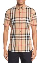 Men's Burberry 'elfords' Slim Fit Short Sleeve Check Linen & Cotton Sport Shirt - Brown