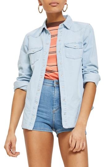 Women's Topshop Gigi Fitted Denim Western Shirt Us (fits Like 6-8) - Blue
