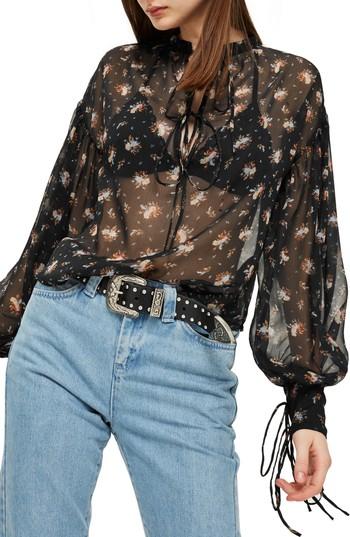 Women's Topshop Gypsy Floral Sheer Blouse Us (fits Like 0) - Black