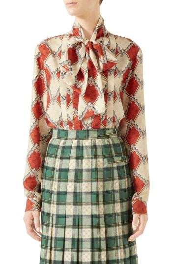 Women's Gucci Rhombus Print Silk Tie Neck Blouse Us / 38 It - Red