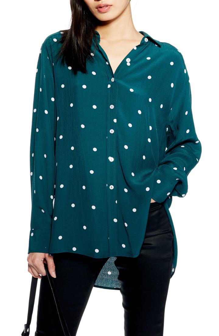 Women's Topshop Oversize Spot Shirt Us (fits Like 0) - Green
