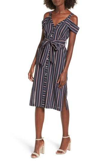 Women's Stripe Cotton Cold Shoulder Dress - Blue