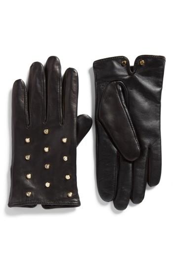 Women's Ted Baker London Imitation Pearl & Crystal Scattered Leather Gloves - Black