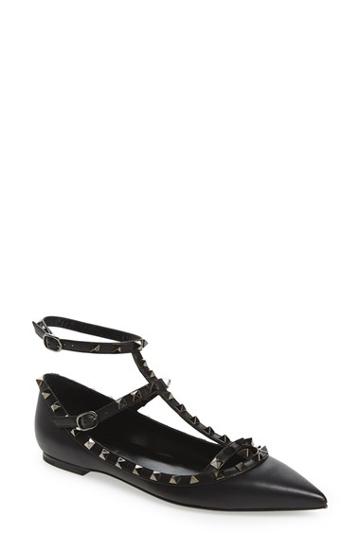 Women's Valentino 'rockstud' Double Ankle Strap Pointy Toe Flat Us / 34eu - Black