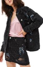 Women's Topshop Embellished Distressed Denim Skirt Us (fits Like 10-12) - Black