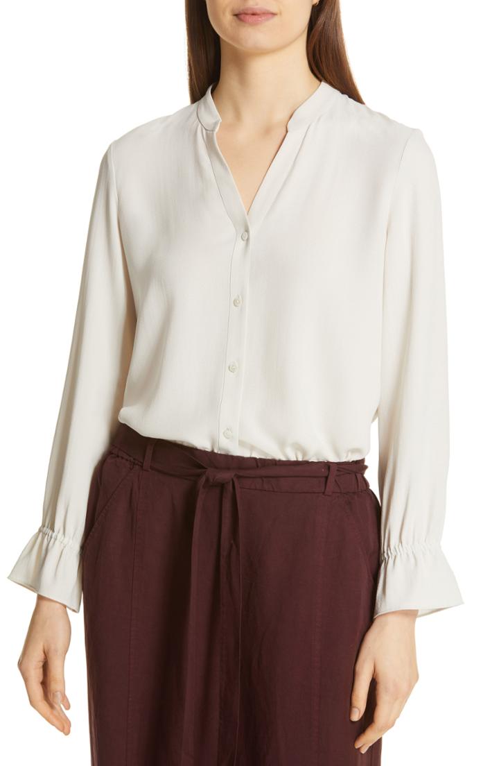Women's Eileen Fisher Flutter Cuff Silk Shirt, Size - Ivory