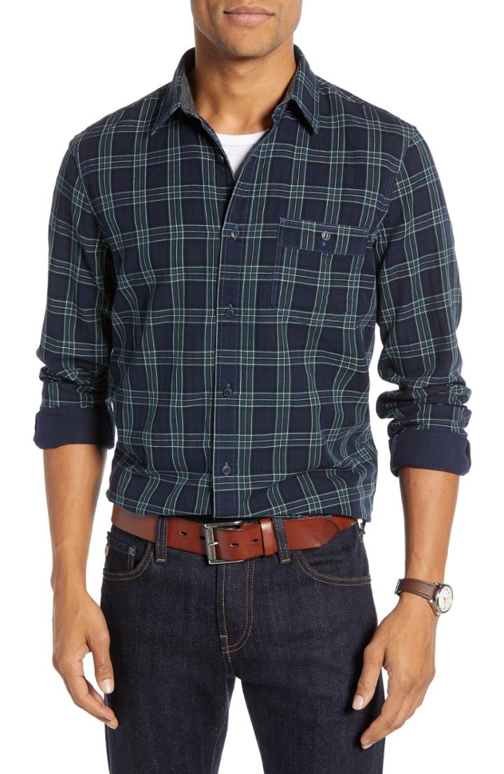 Men's 1901 Trim Fit Duofold Tartan Sport Shirt, Size - Blue