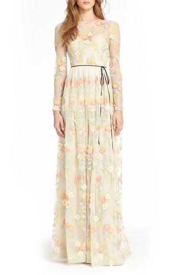 Women's Ml Monique Lhuillier Long Sleeve Floral Mesh Gown - Yellow