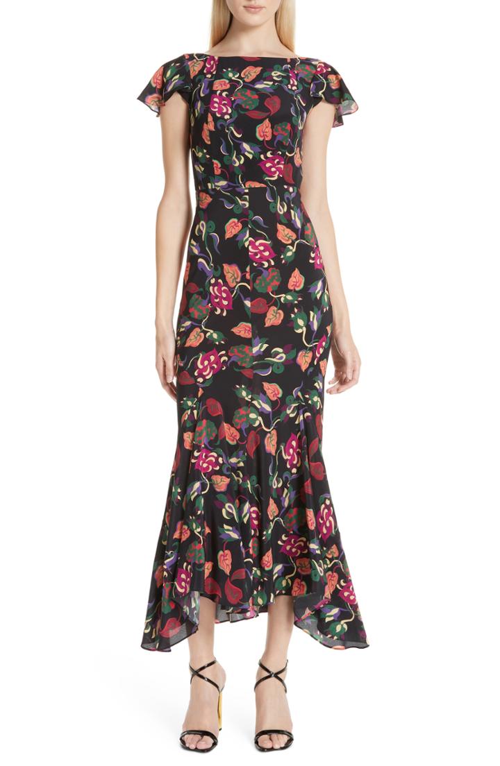 Women's Saloni Daphne Floral Silk Midi Dress - Black