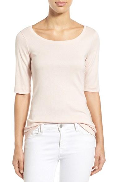 Women's Caslon Ballet Neck Cotton & Modal Knit Elbow Sleeve Tee, Size - Pink