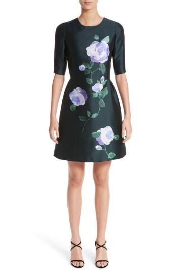 Women's Lela Rose Floral Print Wool & Silk Dress - Green