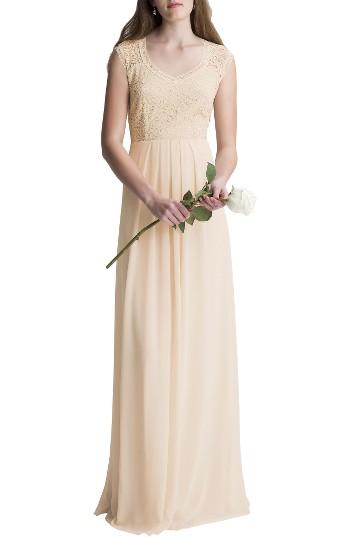 Women's #levkoff Lace Bodice A-line Gown - Beige