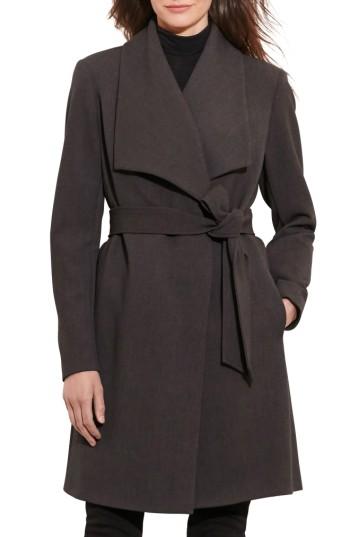 Petite Women's Lauren Ralph Lauren Belted Drape Front Coat P - Grey