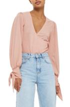 Women's Topshop Wrap Front Tie Sleeve Top Us (fits Like 0-2) - Pink