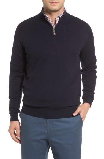 Men's Peter Millar Mock Neck Quarter Zip Wool & Cotton Sweater, Size - Blue