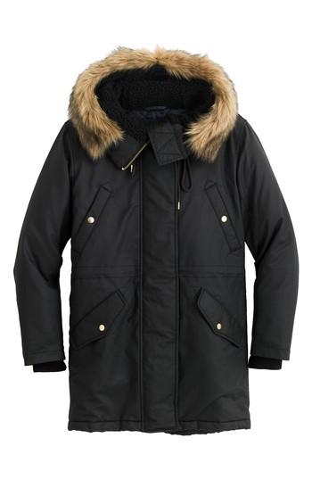 Women's J.crew Granstorm Water Resistant Hooded Parka With Faux Fur Trim, Size - Black