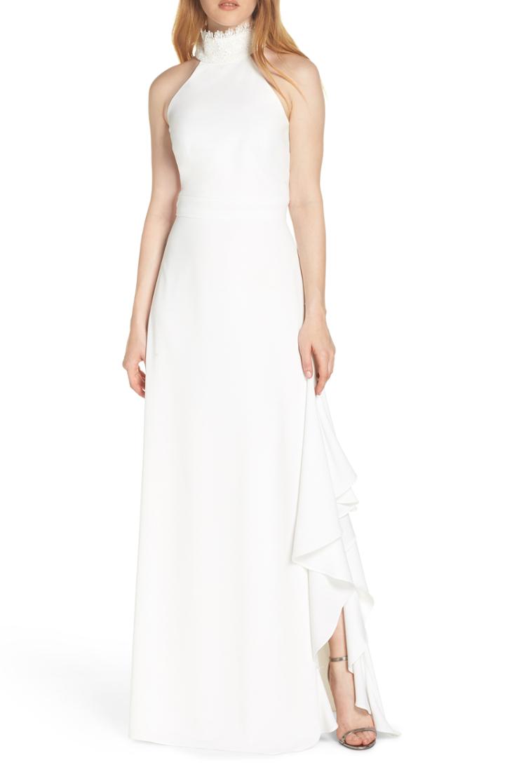 Women's Ml Monique Lhuillier Lace Neck Crepe Evening Dress - White