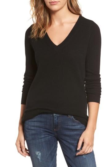 Women's Halogen V-neck Cashmere Sweater - Black