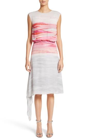 Women's St. John Collection Textured Brushstroke Print Silk Satin Dress - Pink